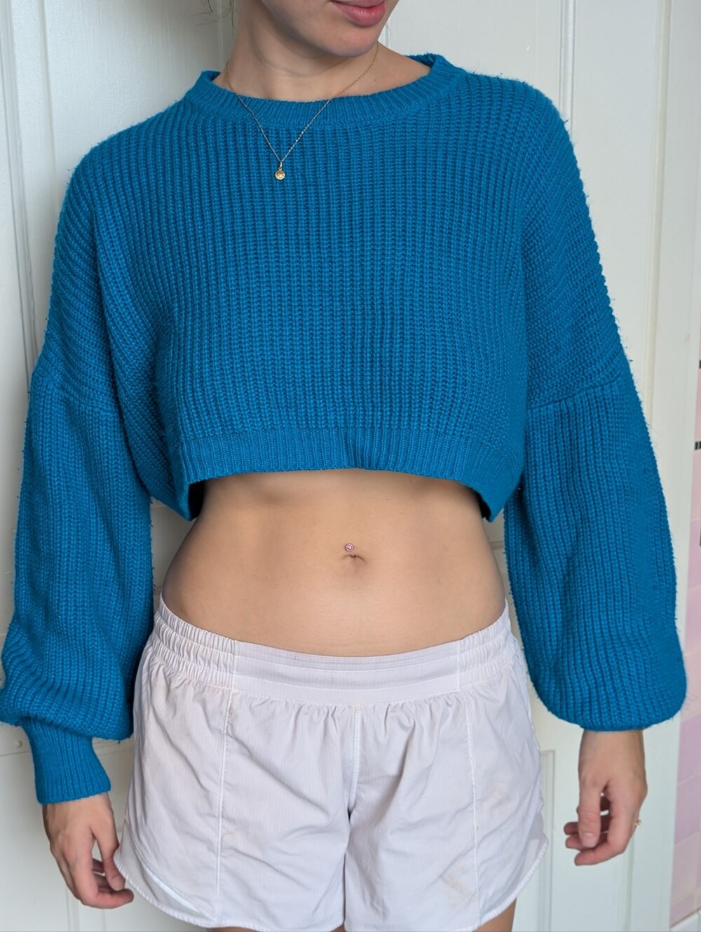 Fashion Nova Teal Blue Cable Knit Cropped Sweater